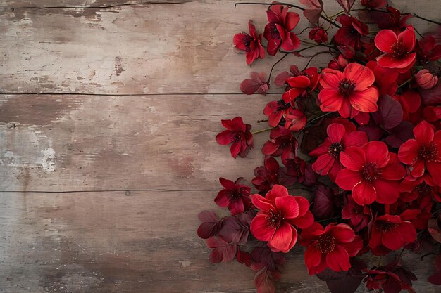 Beautiful red flowers on wooden background top view with copy space