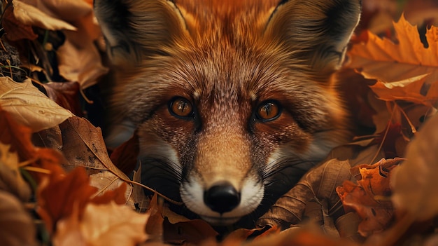 A beautiful red fox peers out from a pile of fallen leaves