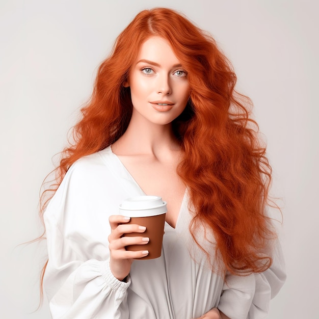 beautiful red hair woman holding coffee cup