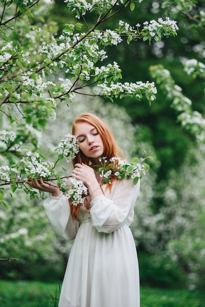 Beautiful red-haired girl in a white dress among blossoming apple trees in the garden 