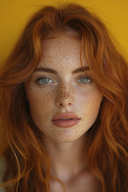 Photo beautiful red haired model with bright makeup and freckles close up portrait