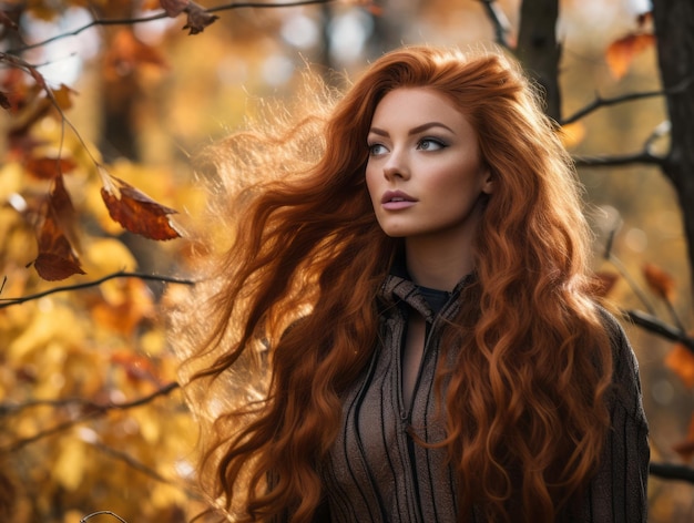 a beautiful red haired woman with long hair in the fall