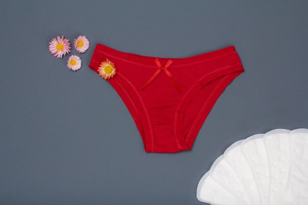 Beautiful red panties with flowers and sanitary napkins on gray background. Women underwear set.