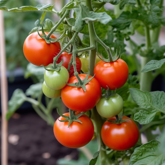 Beautiful red ripe cherry tomatoes grown in a greenhouse generative ai