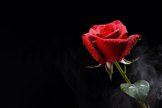 Beautiful red rose as a symbol of love on smoke black background with copy space