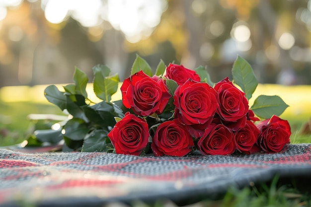 Beautiful red rose bouquet for valentine gift on picnic mat garden wide angle shot ar 32 stylize 250 Job ID 4d14641e5ee4473592c62910a69169f5