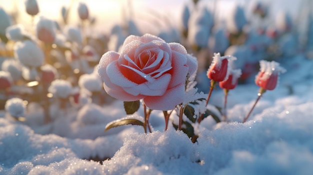 Beautiful red rose in the snow on a background of blue sky