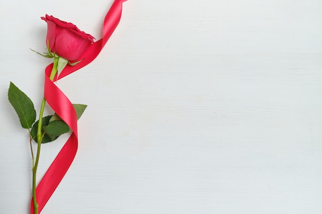 A beautiful red rose with a ribbon on a white wooden background. Top view. Copy space.