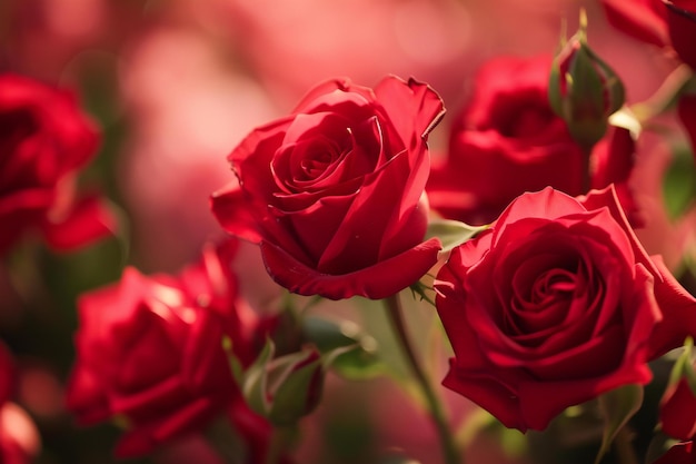 Beautiful red roses on blurred background closeup Floral background