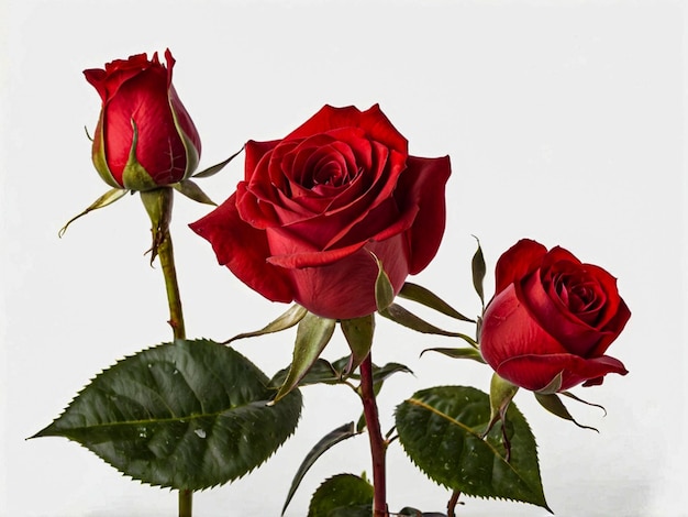 Beautiful red roses and petals on pale pink background flat lay