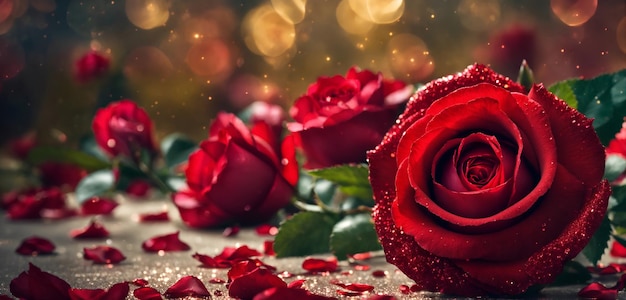 Beautiful red roses on the table close up Valentines day background Wedding day