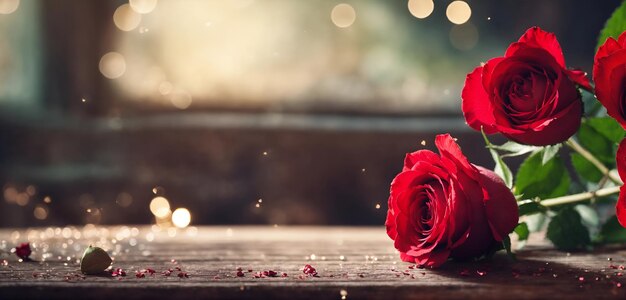 Beautiful red roses on the table close up Valentines day background Wedding day