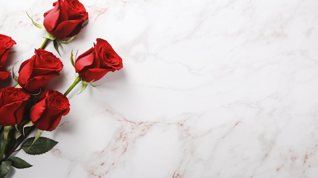 Beautiful red roses on white marble table space