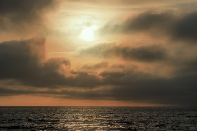 Beautiful red sunset dark clouds and atlantic ocean on the horizon