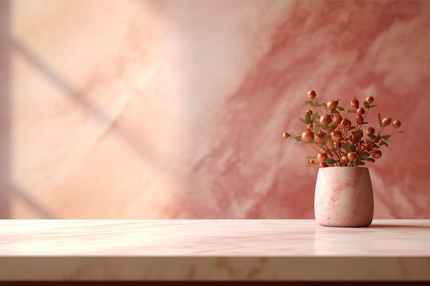 A beautiful red and white marble kitchen counter top with a flower vase