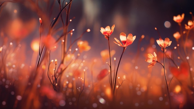 Beautiful red wildflowers in the meadow at sunset Nature background