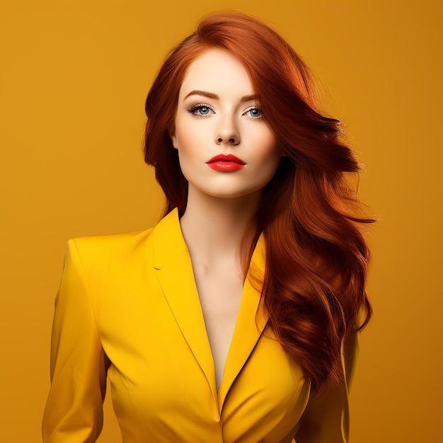 Beautiful redhaired businesswoman on yellow background