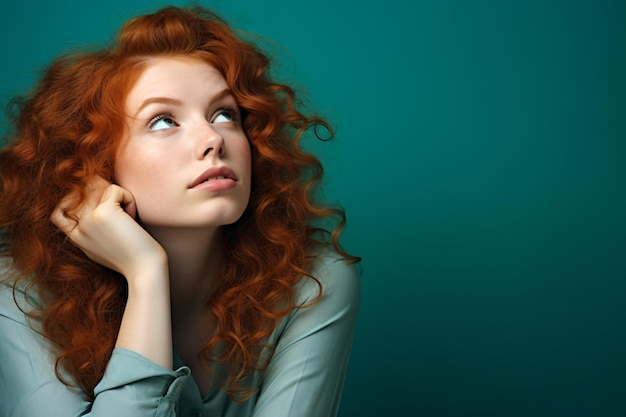 Beautiful redhaired woman against green background portrait with copy space for text