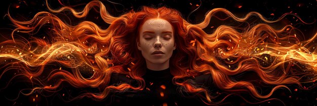 Beautiful redhaired woman with luxurious healthy hair flowing locks beauty concept copy space