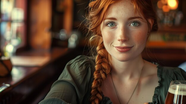 Beautiful redhead girl with green eyes sits in an Irish pub smiling with a pint of beer