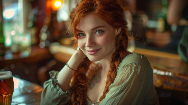 Beautiful redhead girl with green eyes sits in an Irish pub smiling with a pint of beer