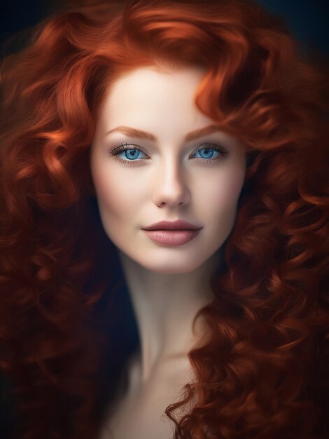 A beautiful redhead woman with curly hair looking confidently at camera