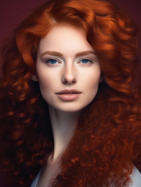 A beautiful redhead woman with curly hair looking confidently at camera