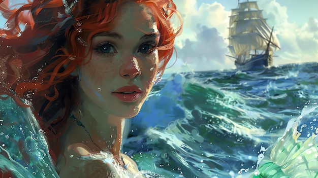 Photo a beautiful redheaded mermaid with green eyes emerges from the ocean waves her hair flowing around her like a waterfall