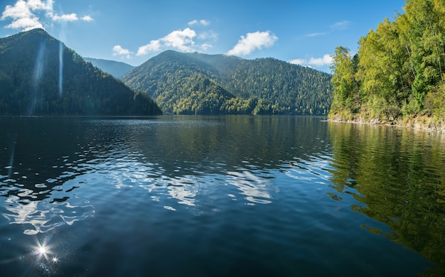 Beautiful reflection on the Yenisei River in Siberia