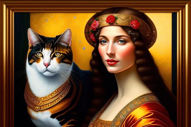 Beautiful Renaissance woman in a painting with a cat Abstract animal portrait Klimt style oil art