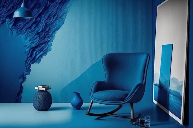 A beautiful render of a room with blue Pantone decor and colorful furniture