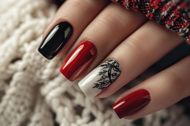 Beautiful retro manicure with red white and black polish