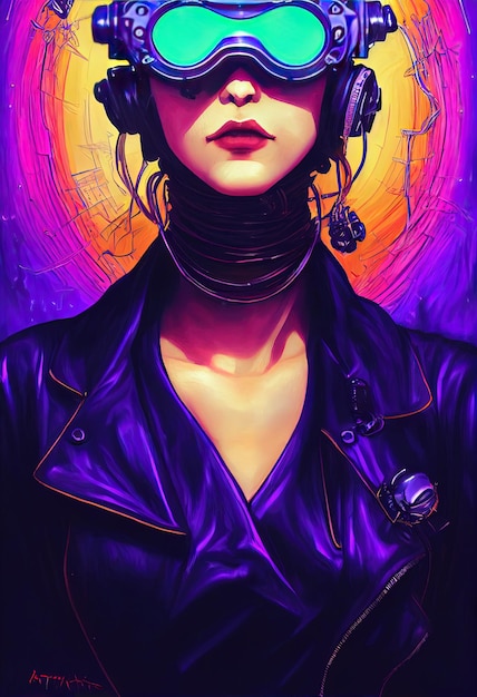 Beautiful retro wave Female scientist with Goggles Cyberpunk metaverse character Concept Digital art