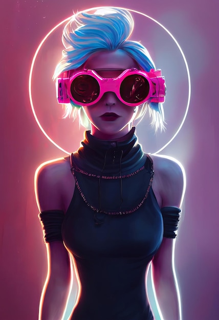 Beautiful retro wave Female scientist with Goggles Cyberpunk metaverse character Concept Digital art