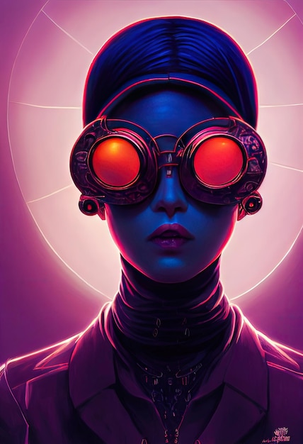 Beautiful retro wave Female scientist with Goggles Cyberpunk metaverse character Concept Digital art