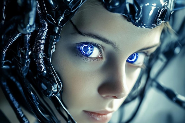 Photo beautiful retrofuturistic portrait of a human gamer girl resembling an android robot