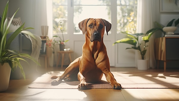 Beautiful Rhodesian Ridgeback dog sitting on the floor at home