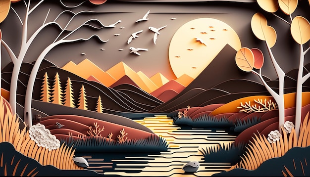 beautiful river background in paper cut style Generative AI