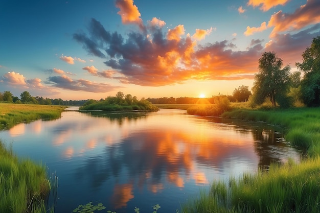 Beautiful river coast at sunset in summer Colorful landscape with lake green trees and grass blue sky with multicolored clouds and orange sunlight reflected in water Nature Vibrant scenery