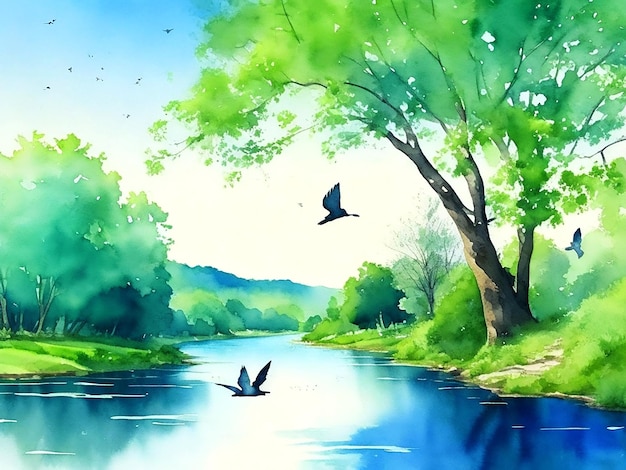 Beautiful river side natural village watercolor painting by ai generated