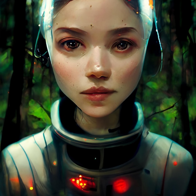 Beautiful robotic girl in a garden with flower