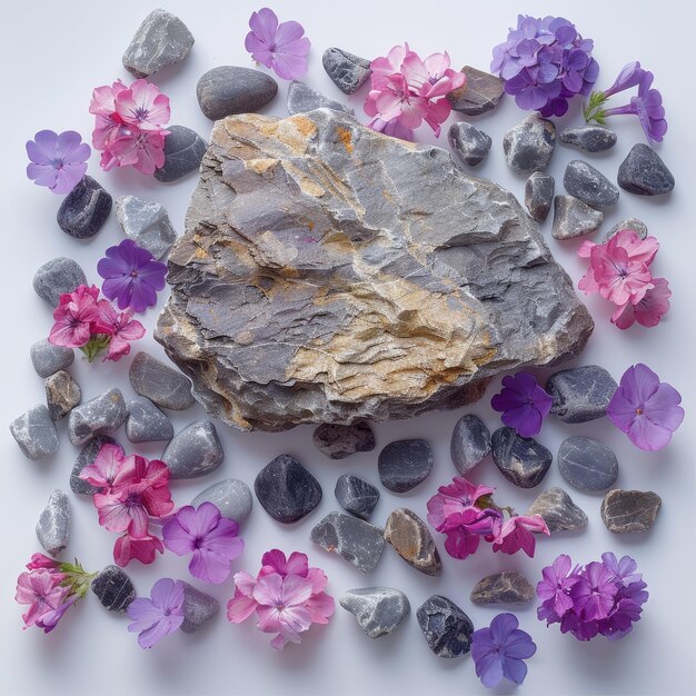 Photo beautiful rock surrounded by colorful flowers and pebbles on a white background natures harmony