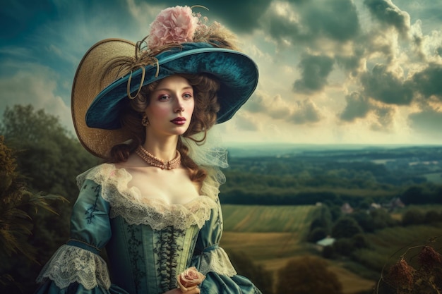 Beautiful Rococo portrait of a lady set against a scenic countryside background wearing