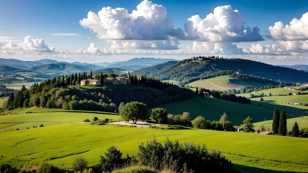 Photo a beautiful rolling green field in tuscany at sunrise