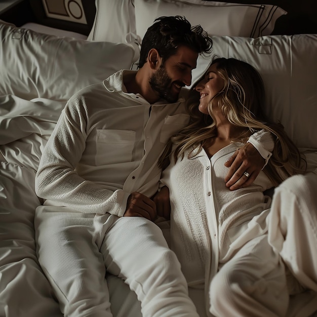 Photo beautiful romantic couple relaxing on the bed before sleep at luxury bed room