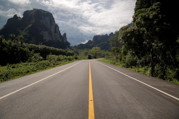 Beautiful romantic mountain route in Thailand Curve of roadtropical road in jungle Scenic view Road Landscape Northern part Thailand