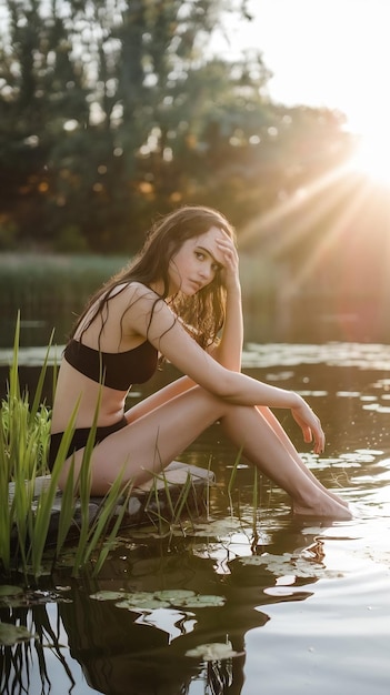 Beautiful romantic woman sitting near a pond lake wet woman in her underwear in the rays of the sun