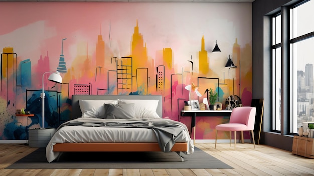 beautiful room with a cityscape mural on the wall