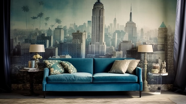 beautiful room with a cityscape mural on the wall