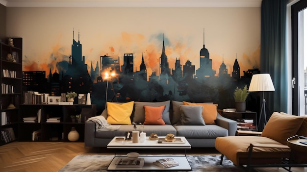 beautiful room with a cityscape mural on the wall